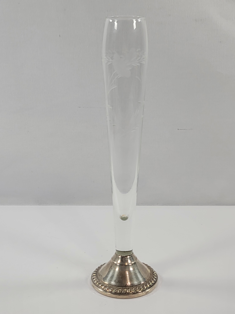Vtg Duchin Creation Etched Glass Bud Vase with Sterling Silver Weighted Base